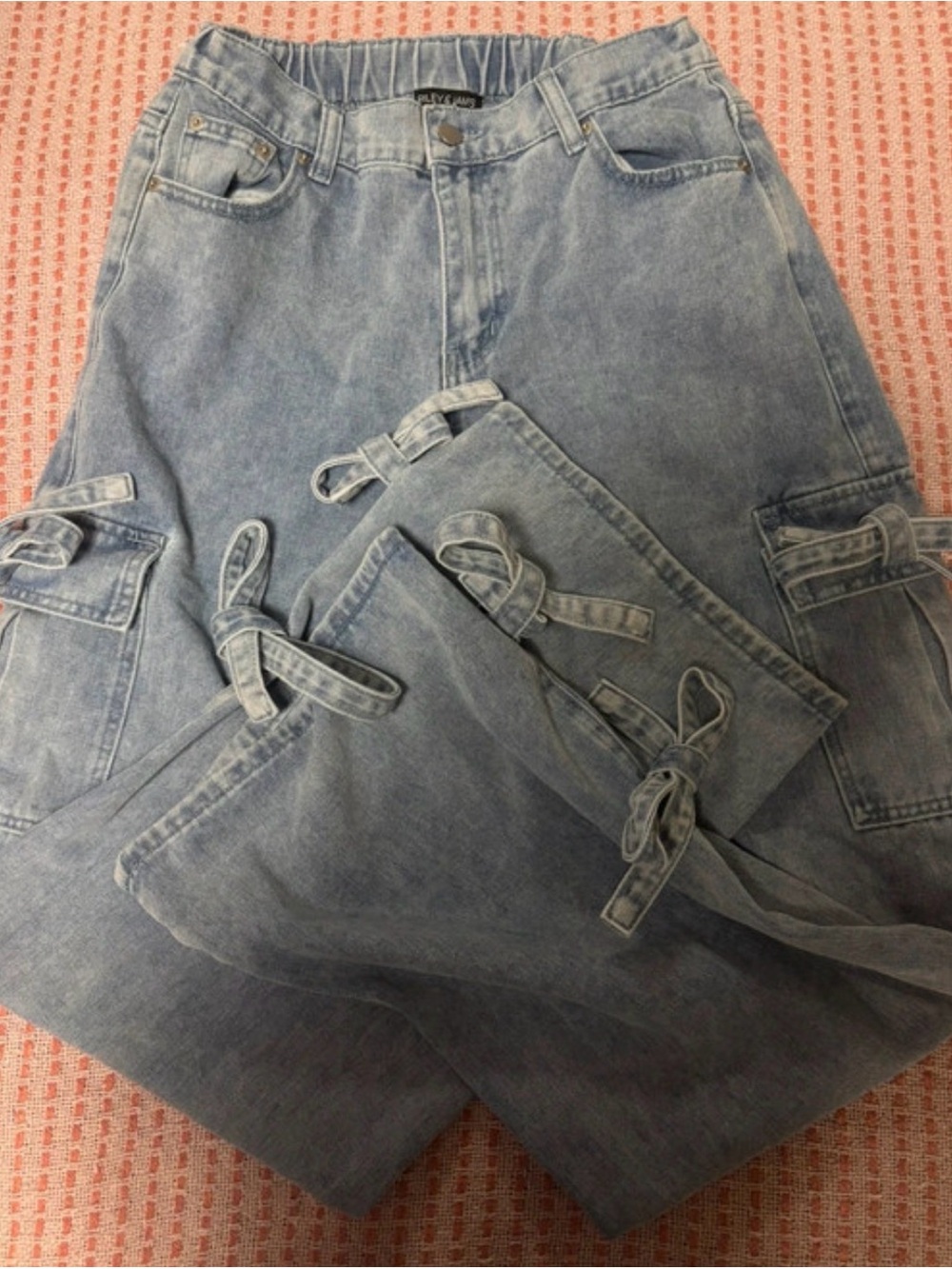 Light Wash Women’s Cargo Jeans with Tie Details